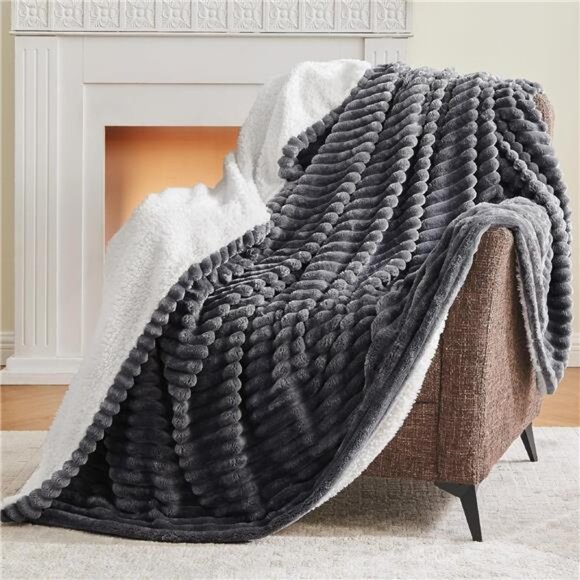 Sherpa Throw Blanket Grey Fleece Plush Cozy Soft Warm Striped Couch Blanket - Picture 5 of 7